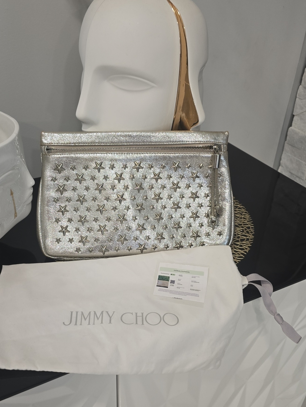 Jimmy Choo Metallic Silver And Gold Star-Studded Wristlet Clutch